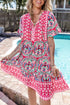 Bohemian Print Short Sleeve Button Front Tiered Dress