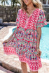 Bohemian Print Short Sleeve Button Front Tiered Dress