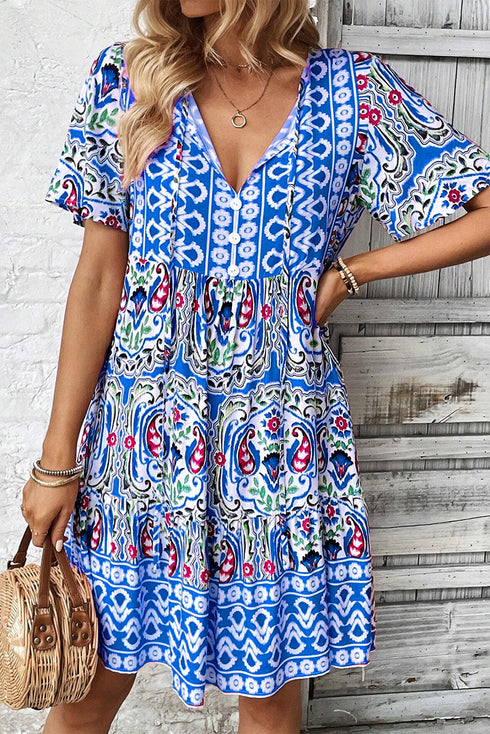 Bohemian Print Short Sleeve Button Front Tiered Dress