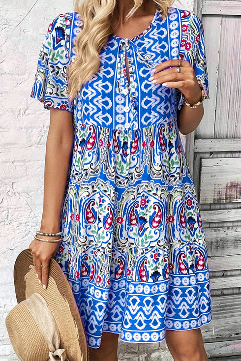Bohemian Print Short Sleeve Button Front Tiered Dress