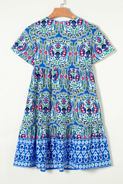 Bohemian Print Short Sleeve Button Front Tiered Dress