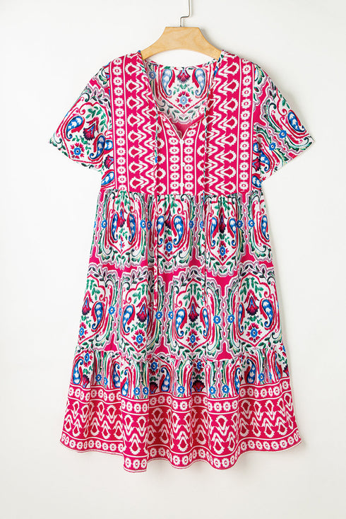 Bohemian Print Short Sleeve Button Front Tiered Dress