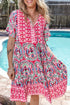 Bohemian Print Short Sleeve Button Front Tiered Dress