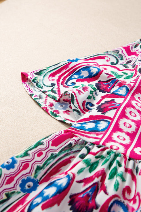 Bohemian Print Short Sleeve Button Front Tiered Dress