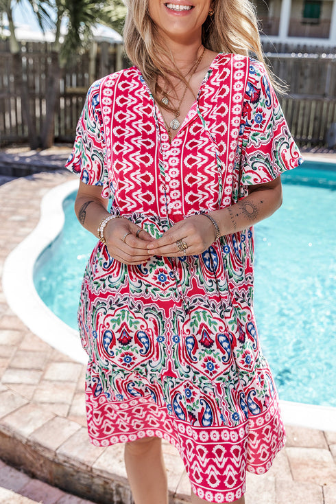 Bohemian Print Short Sleeve Button Front Tiered Dress