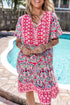 Bohemian Print Short Sleeve Button Front Tiered Dress