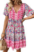 Bohemian Print Short Sleeve Button Front Tiered Dress