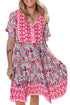 Bohemian Print Short Sleeve Button Front Tiered Dress