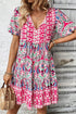 Bohemian Print Short Sleeve Button Front Tiered Dress