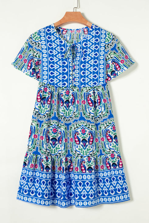 Bohemian Print Short Sleeve Button Front Tiered Dress