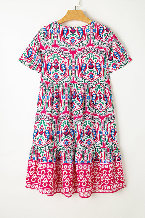 Bohemian Print Short Sleeve Button Front Tiered Dress