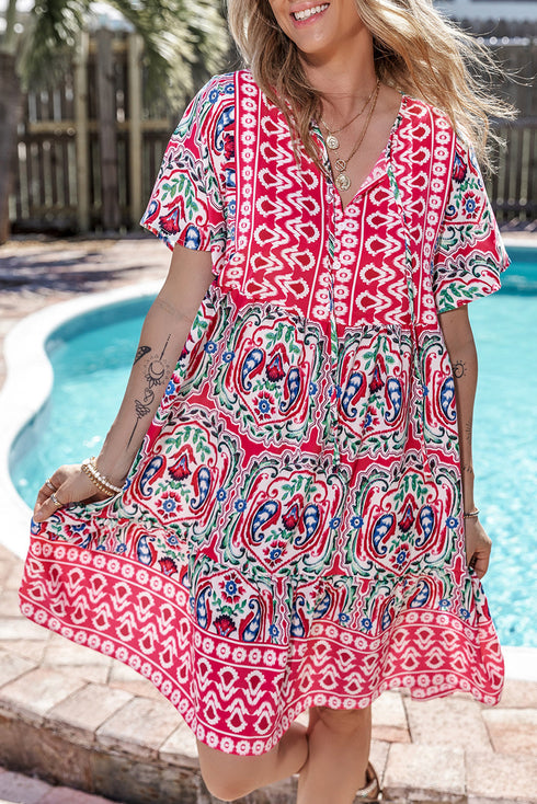Bohemian Print Short Sleeve Button Front Tiered Dress