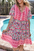 Bohemian Print Short Sleeve Button Front Tiered Dress