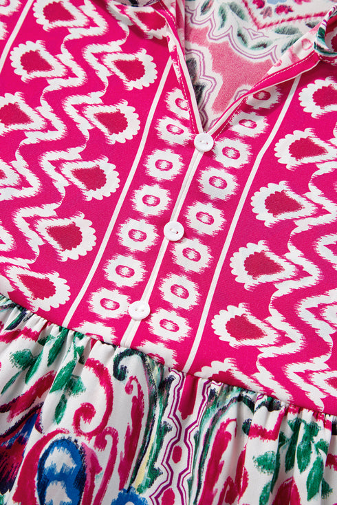 Bohemian Print Short Sleeve Button Front Tiered Dress