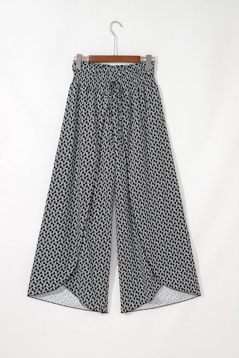 Bohemian Print Smocked High Waist Wide Leg Slit Pants