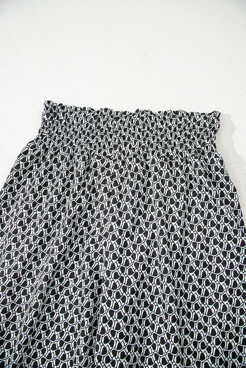 Bohemian Print Smocked High Waist Wide Leg Slit Pants