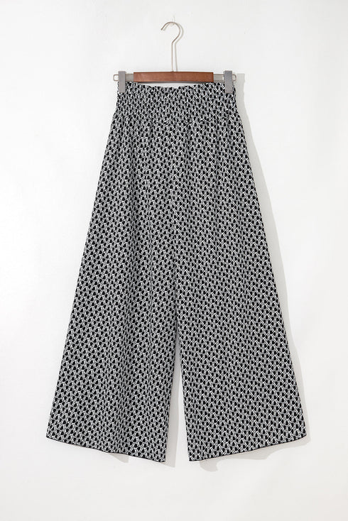 Bohemian Print Smocked High Waist Wide Leg Slit Pants