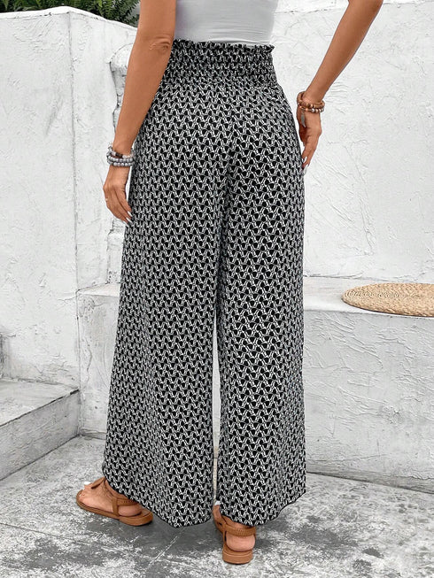 Bohemian Print Smocked High Waist Wide Leg Slit Pants