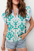 Bohemian Print Striped Trim Flutter Sleeve Blouse
