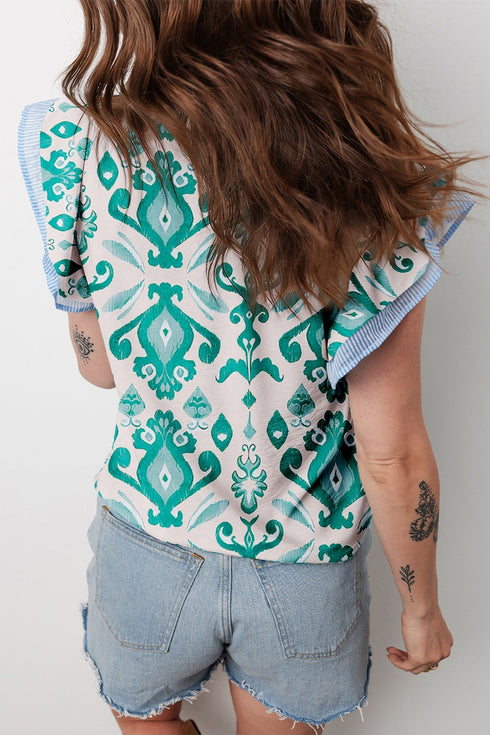 Bohemian Print Striped Trim Flutter Sleeve Blouse