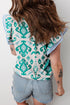 Bohemian Print Striped Trim Flutter Sleeve Blouse
