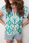 Bohemian Print Striped Trim Flutter Sleeve Blouse