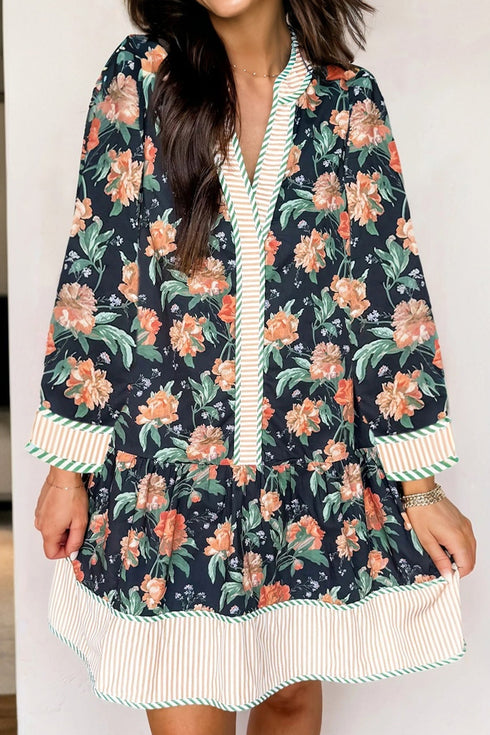 Bohemian Print Striped Trim V Neck Ruffle Shift Dress