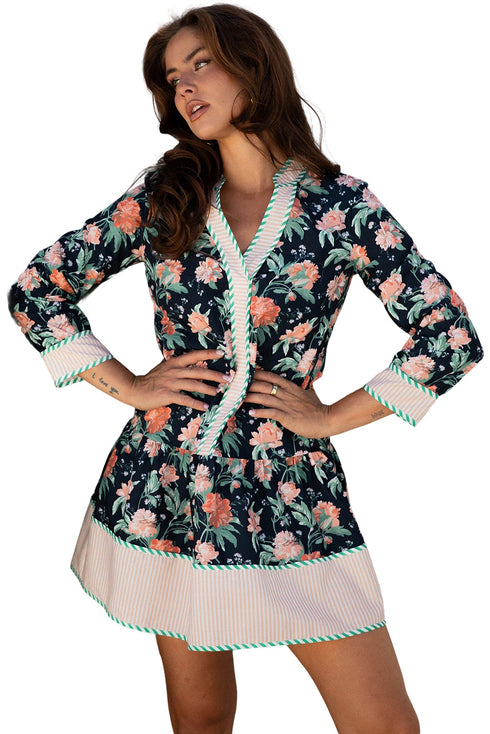 Bohemian Print Striped Trim V Neck Ruffle Shift Dress