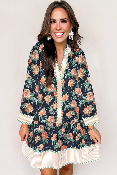 Bohemian Print Striped Trim V Neck Ruffle Shift Dress