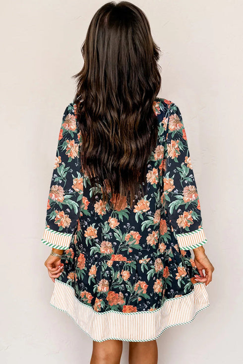 Bohemian Print Striped Trim V Neck Ruffle Shift Dress