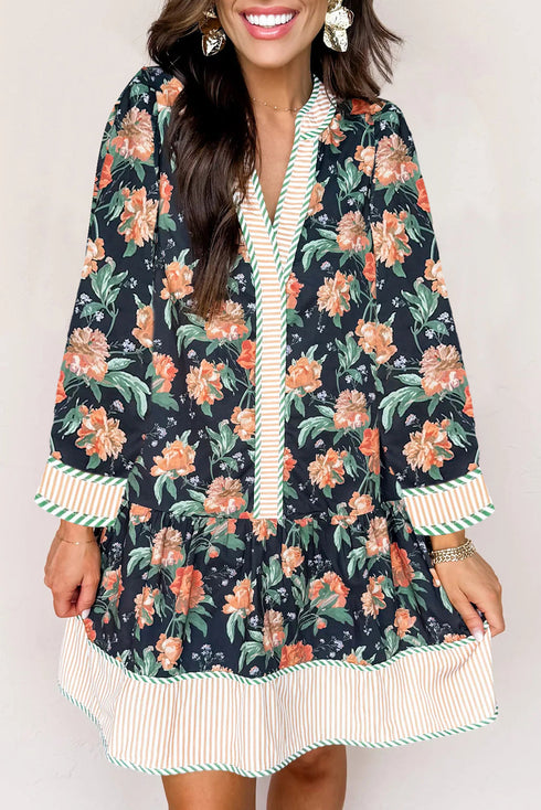 Bohemian Print Striped Trim V Neck Ruffle Shift Dress