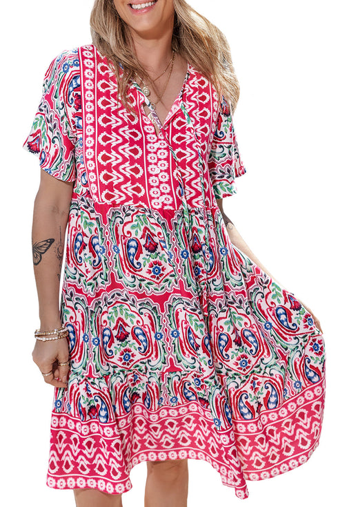 Bohemian Print Tie Neck Ruffle Hem Short Dress