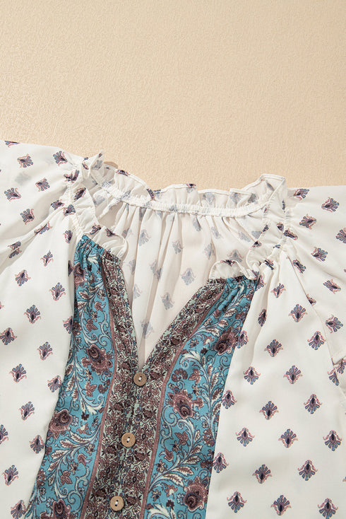 Bohemian Print Tiered Ruffle Sleeve Button Front Blouse