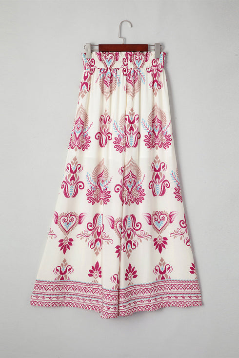 Bohemian Printed Smocked High Waist Wide Leg Pants