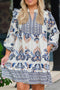 Bohemian Printed Split Neck Long Sleeve A-Line Mini Dress