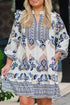 Bohemian Printed Split Neck Long Sleeve A-Line Mini Dress