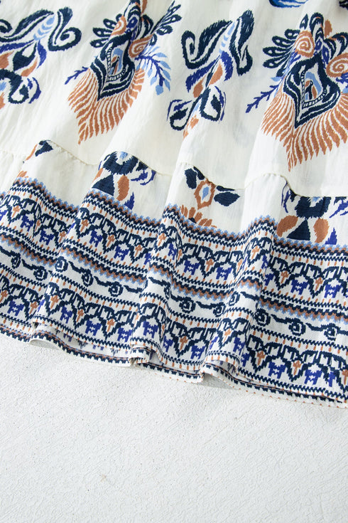 Bohemian Printed Split Neck Long Sleeve A-Line Mini Dress