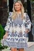Bohemian Printed Split Neck Long Sleeve A-Line Mini Dress