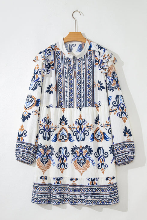 Bohemian Printed Split Neck Long Sleeve A-Line Mini Dress