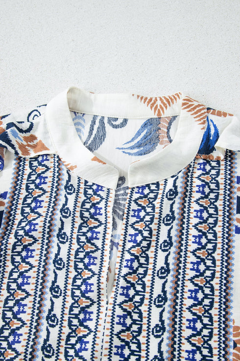 Bohemian Printed Split Neck Long Sleeve A-Line Mini Dress