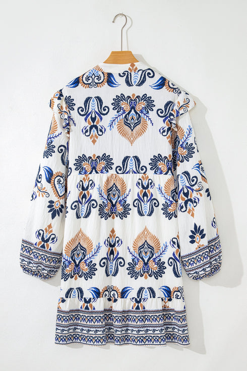 Bohemian Printed Split Neck Long Sleeve A-Line Mini Dress