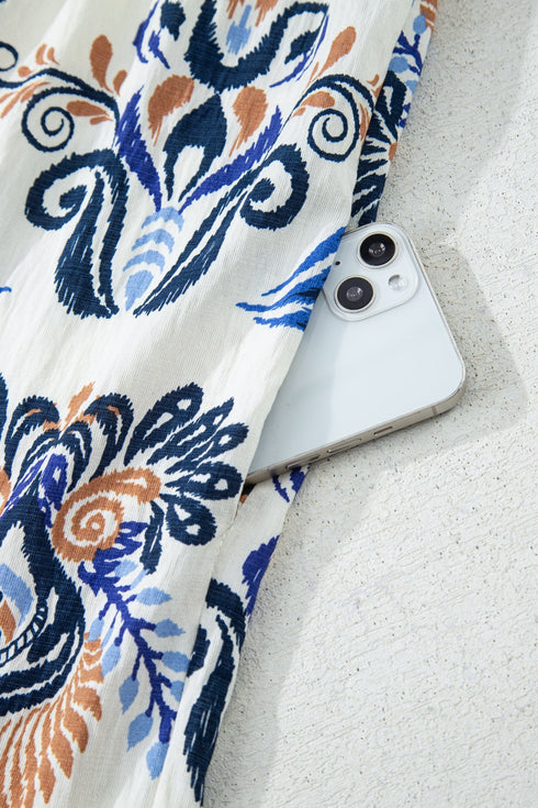 Bohemian Printed Split Neck Long Sleeve A-Line Mini Dress