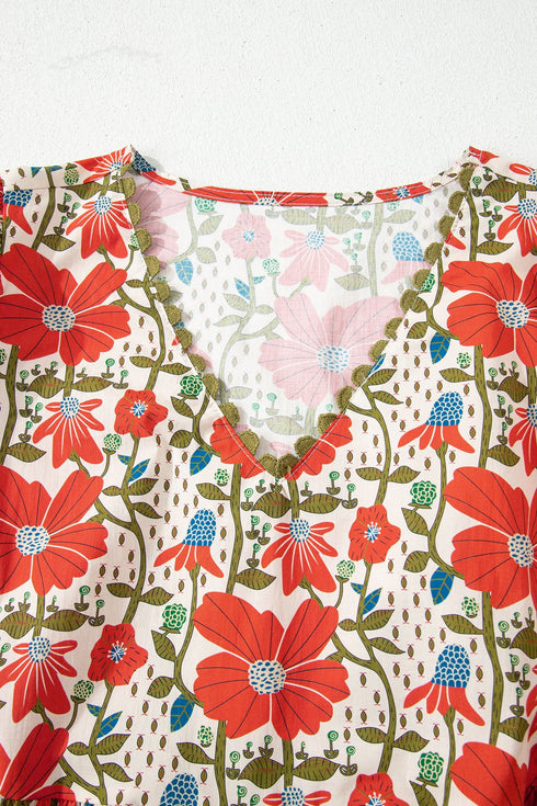 Bohemian Rick Rack Trim V Neck Mini Floral Dress