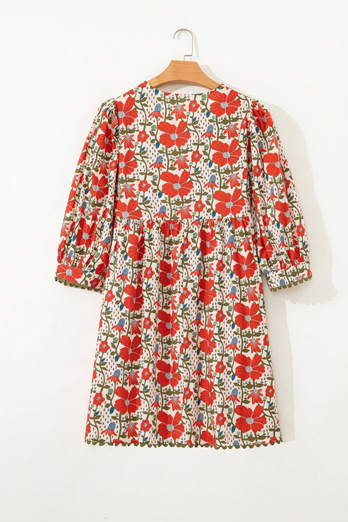 Bohemian Rick Rack Trim V Neck Mini Floral Dress