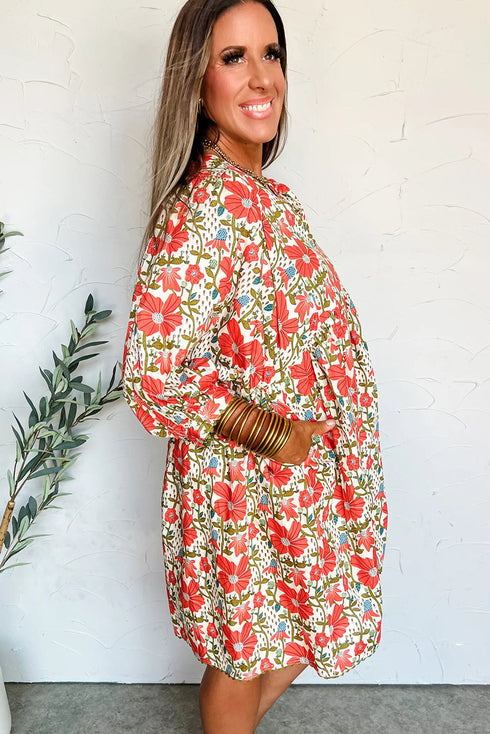 Bohemian Rick Rack Trim V Neck Mini Floral Dress