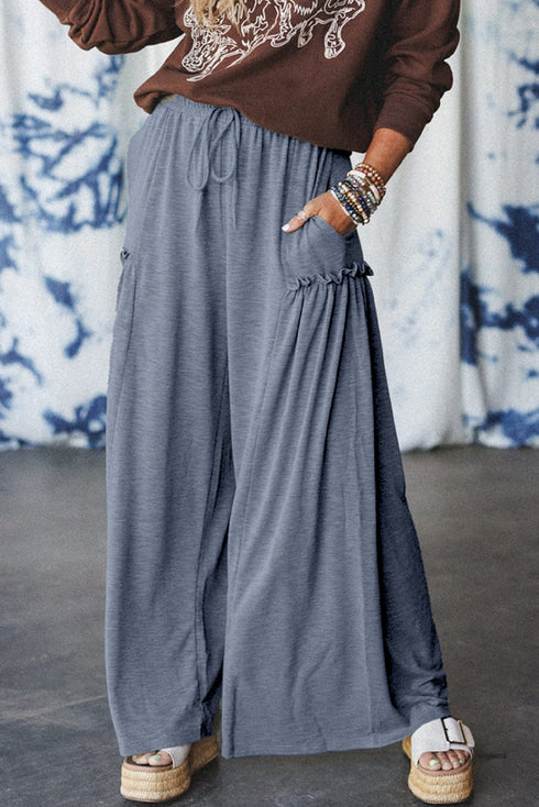 Bohemian Ruffle Detail Pocket Flowy Knit Palazzo Lounge Pants