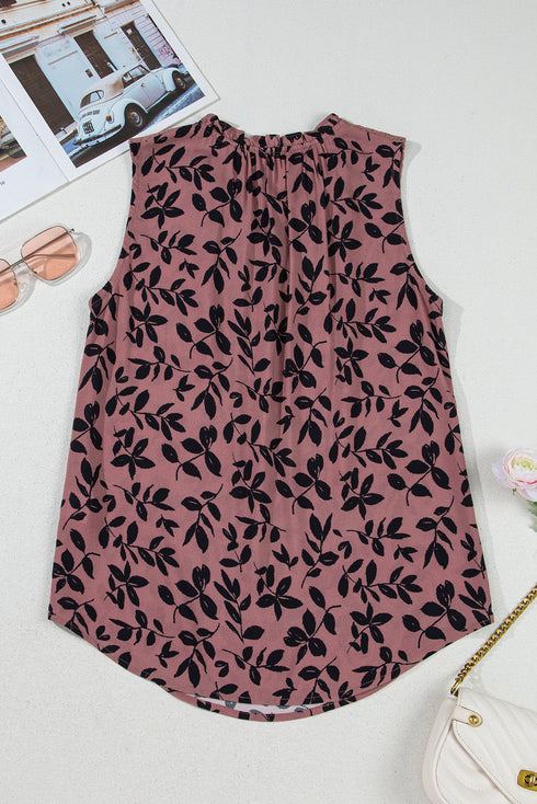 Bohemian Silhouette Leaf Print Crinkle Lace Up Tank Top