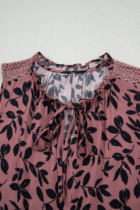 Bohemian Silhouette Leaf Print Crinkle Lace Up Tank Top