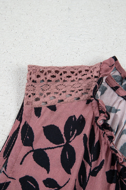 Bohemian Silhouette Leaf Print Crinkle Lace Up Tank Top