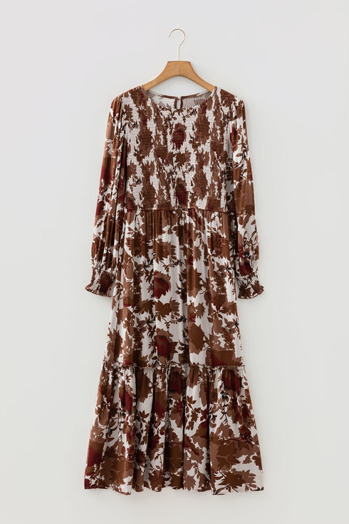 Bohemian Smocked Bodice Puff Sleeve Ruffled Long Floral Dress